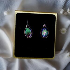 Chico's Art Glass Dichroic Iridescent Drop Earrings | Purple Ruby Silver Tone